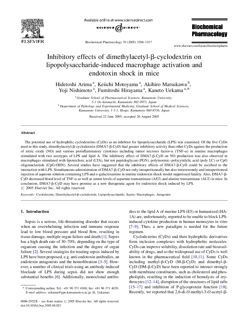 Inhibitory effects of dimethylacetyl-Î²-cyclodextrin on lipopolysaccharide-induced macrophage activation and endotoxin shock in mice