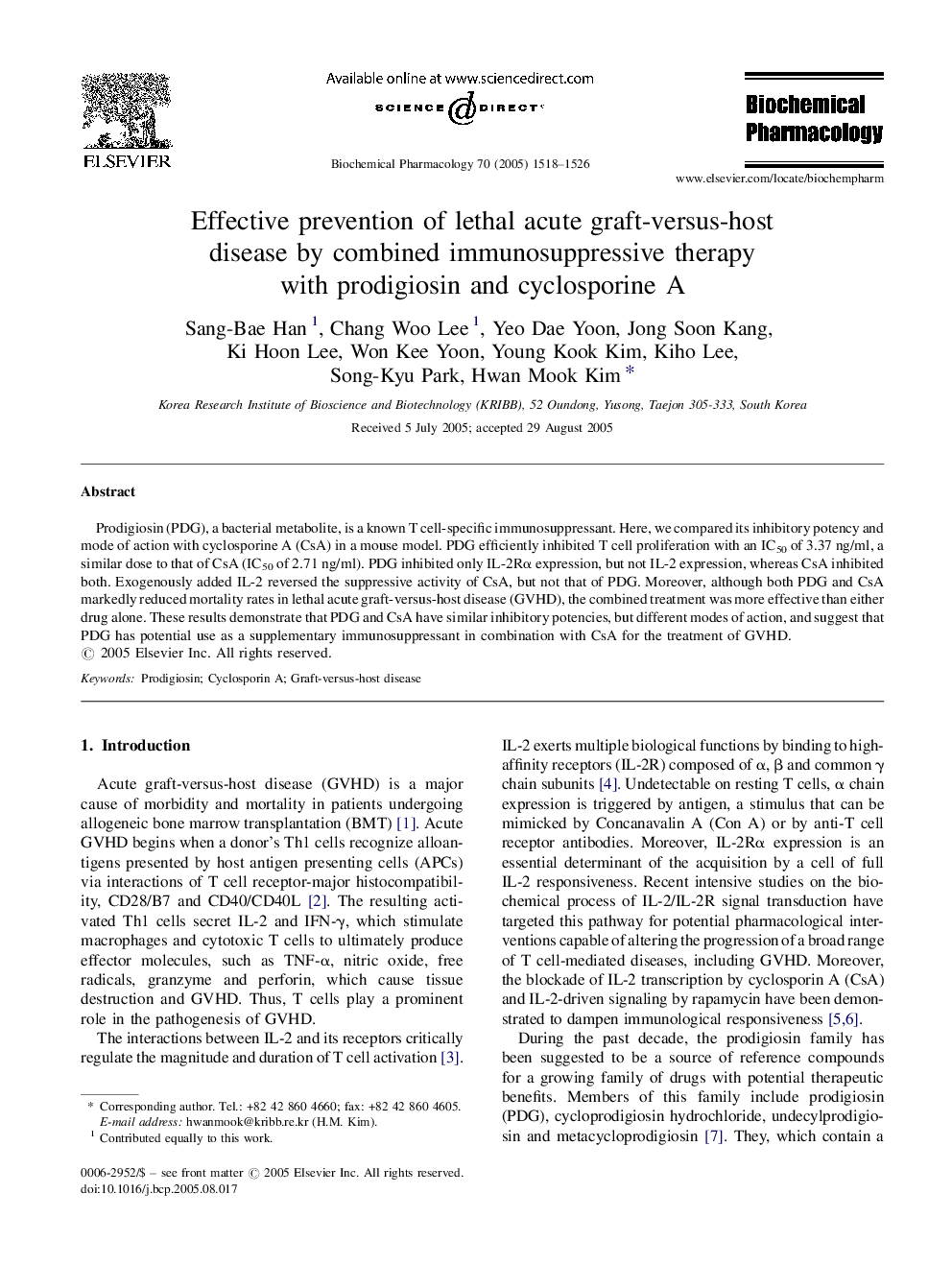 Effective prevention of lethal acute graft-versus-host disease by combined immunosuppressive therapy with prodigiosin and cyclosporine A