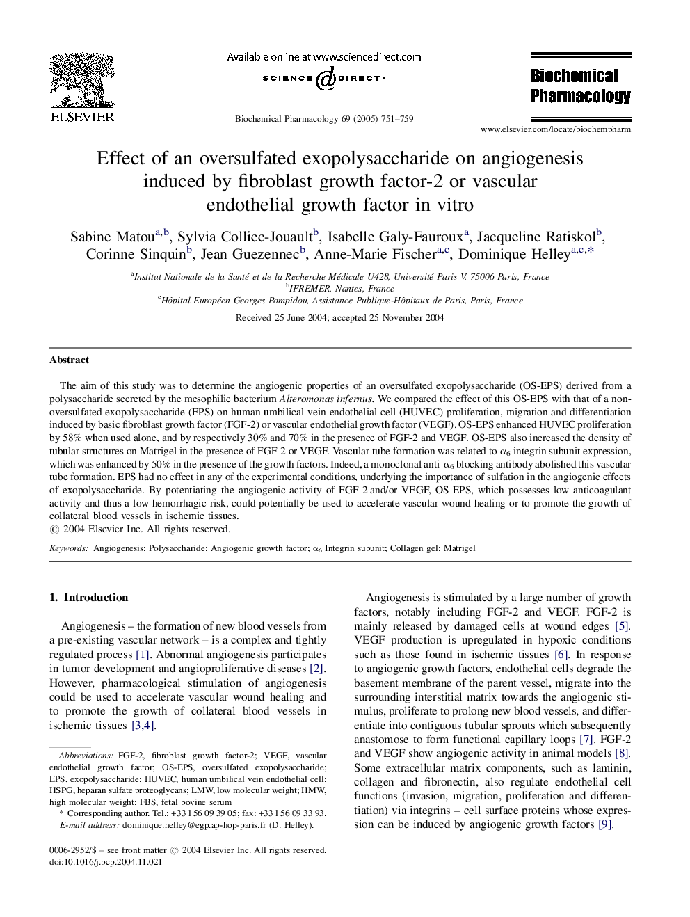 Effect of an oversulfated exopolysaccharide on angiogenesis induced by fibroblast growth factor-2 or vascular endothelial growth factor in vitro