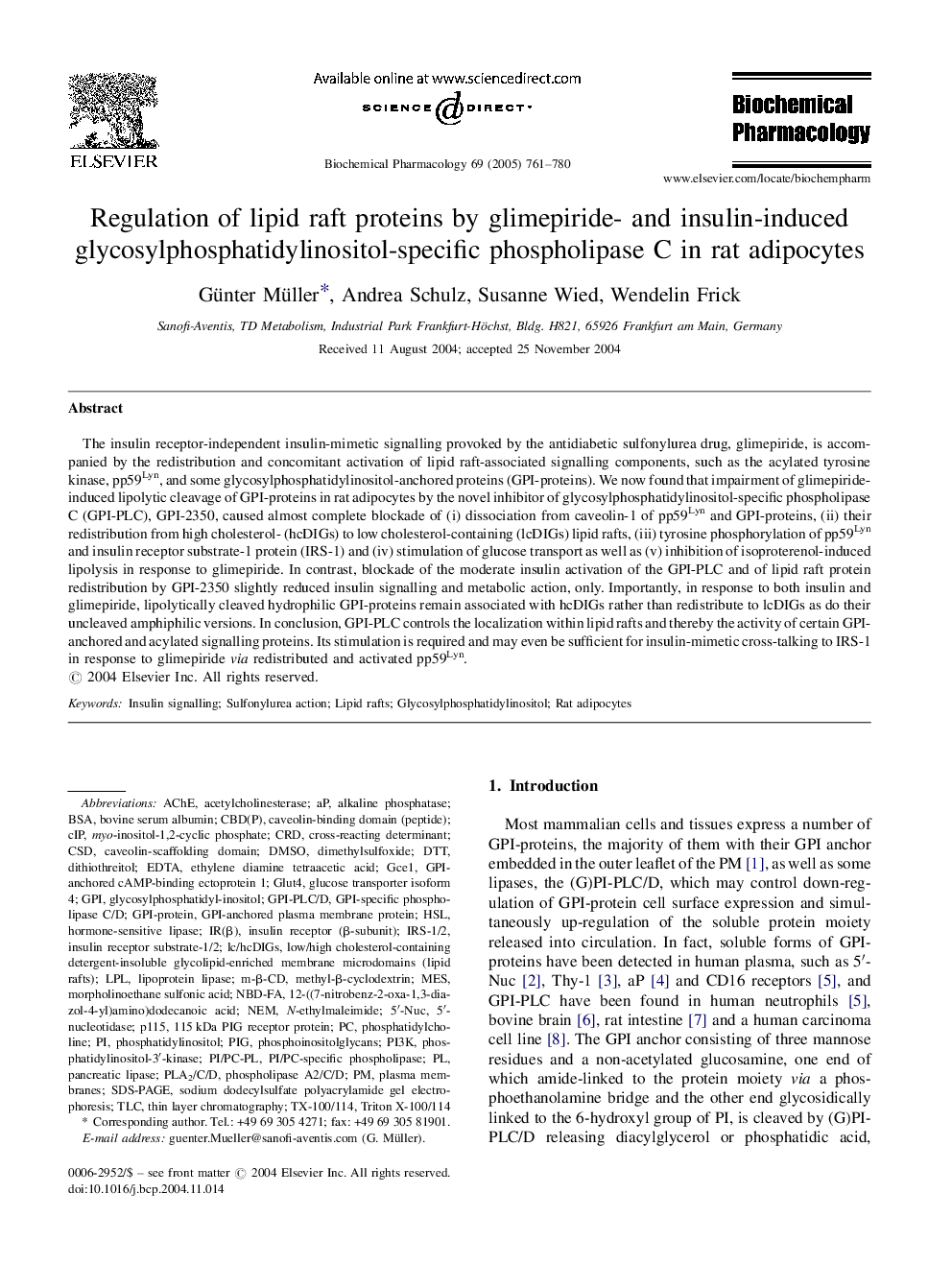 Regulation of lipid raft proteins by glimepiride- and insulin-induced glycosylphosphatidylinositol-specific phospholipase C in rat adipocytes