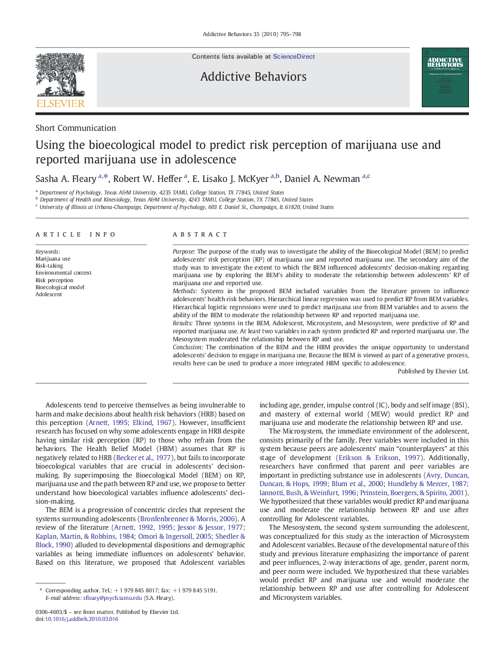 Using the bioecological model to predict risk perception of marijuana use and reported marijuana use in adolescence