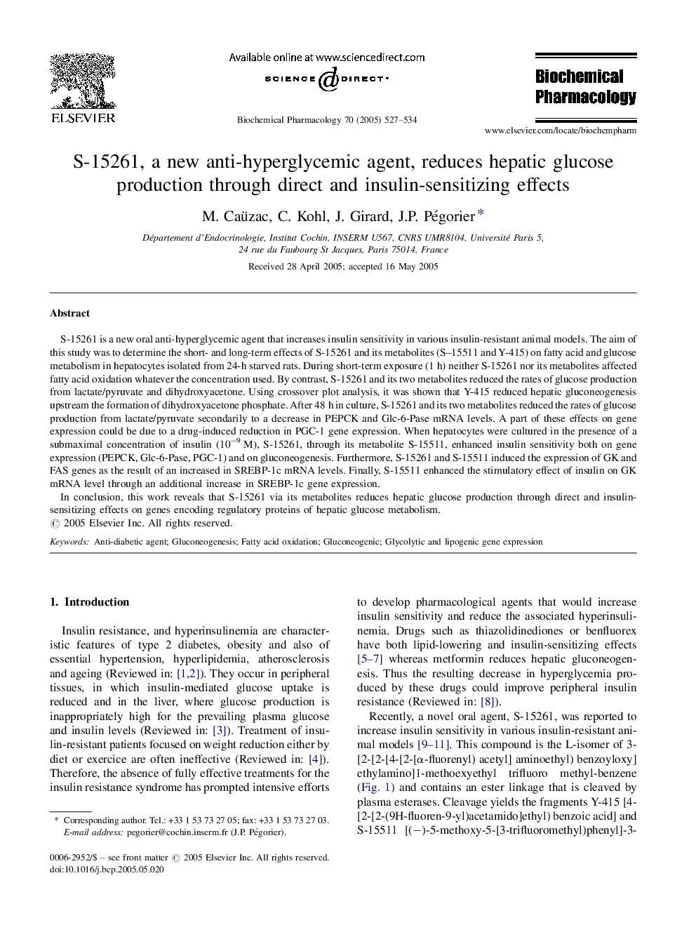 S-15261, a new anti-hyperglycemic agent, reduces hepatic glucose production through direct and insulin-sensitizing effects