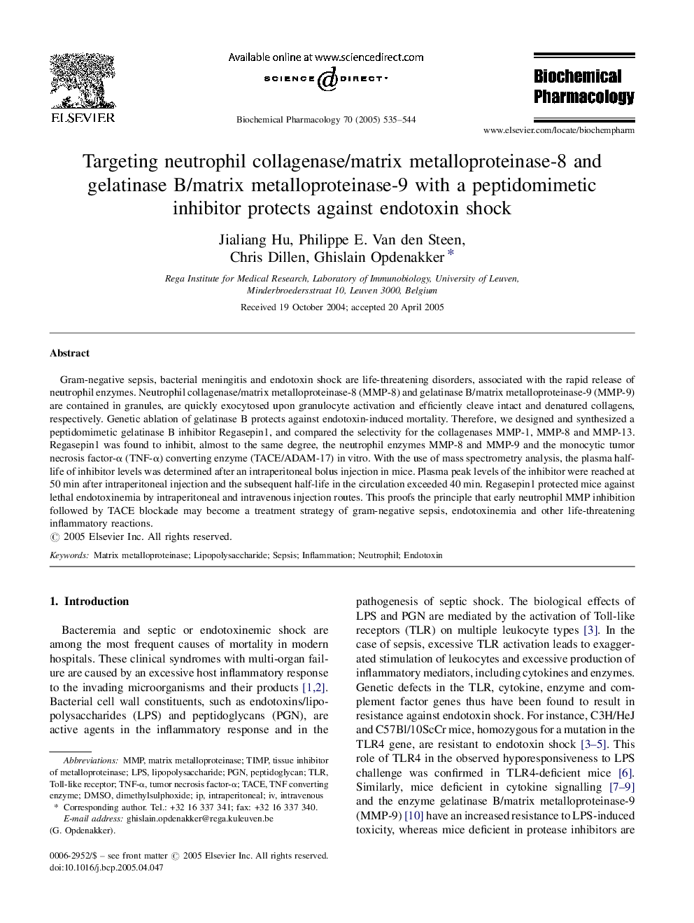 Targeting neutrophil collagenase/matrix metalloproteinase-8 and gelatinase B/matrix metalloproteinase-9 with a peptidomimetic inhibitor protects against endotoxin shock