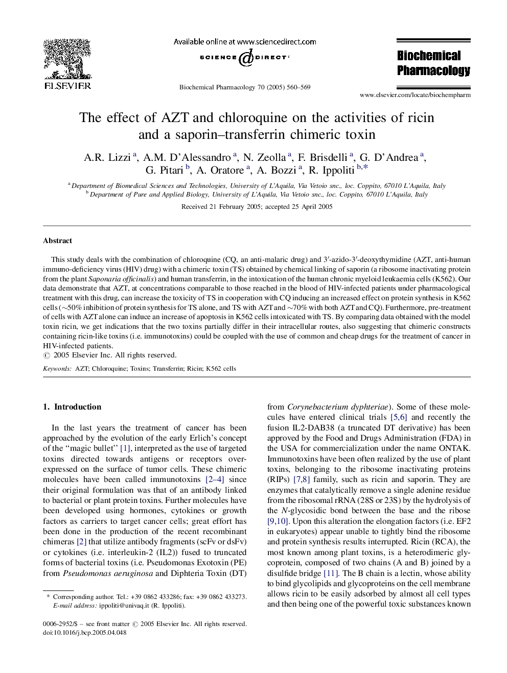 The effect of AZT and chloroquine on the activities of ricin and a saporin-transferrin chimeric toxin