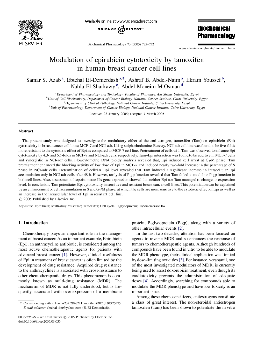 Modulation of epirubicin cytotoxicity by tamoxifen in human breast cancer cell lines