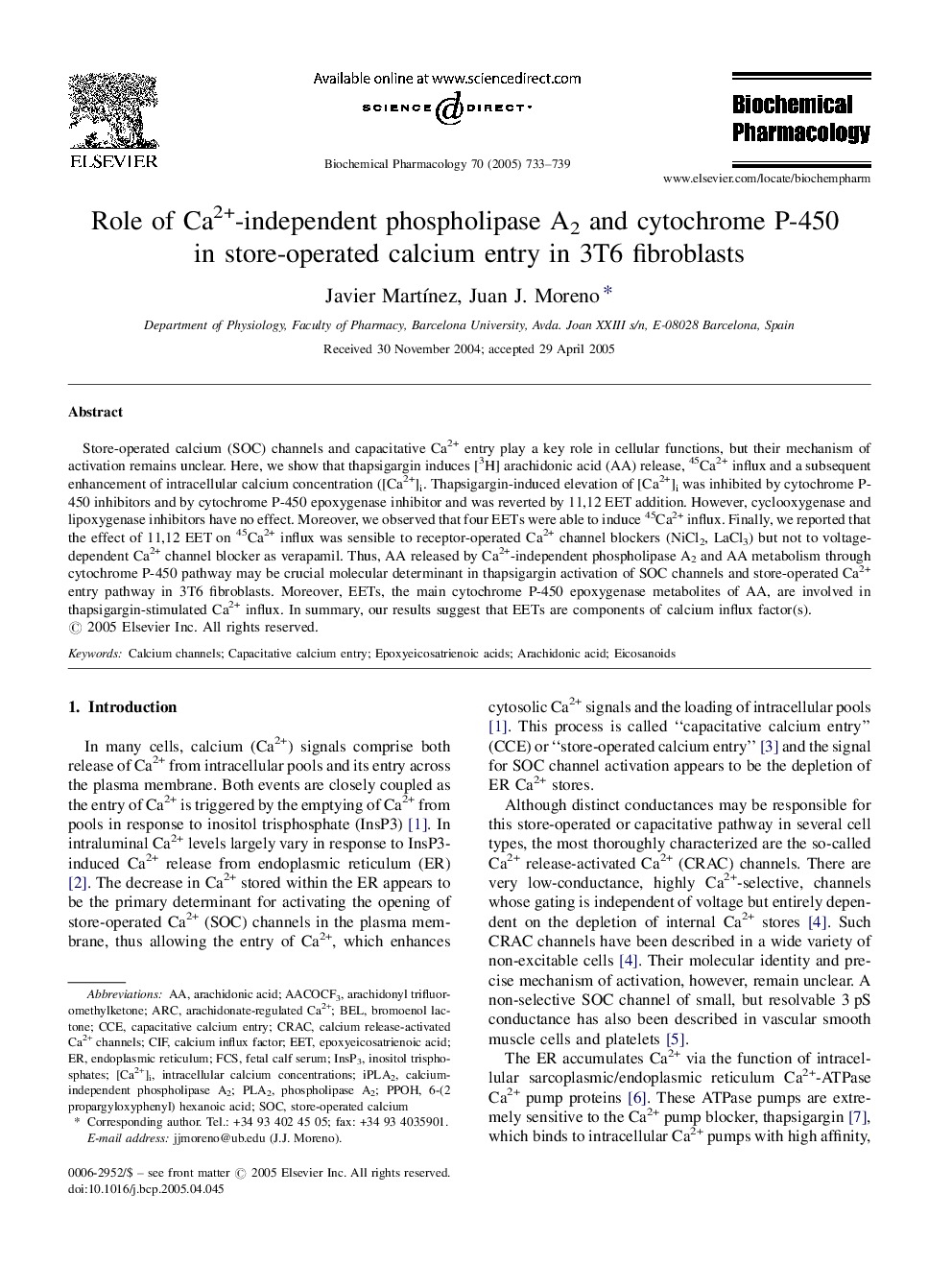 Role of Ca2+-independent phospholipase A2 and cytochrome P-450 in store-operated calcium entry in 3T6 fibroblasts