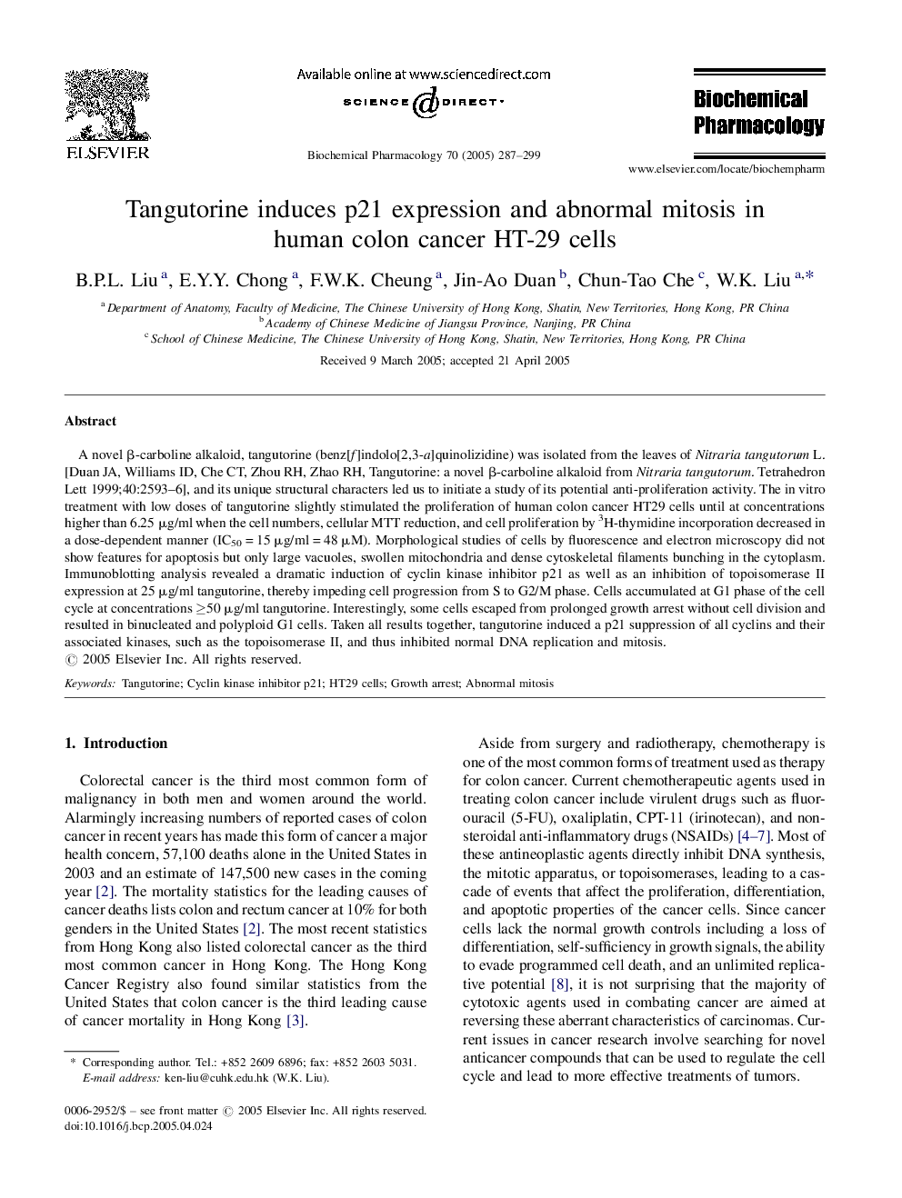 Tangutorine induces p21 expression and abnormal mitosis in human colon cancer HT-29 cells