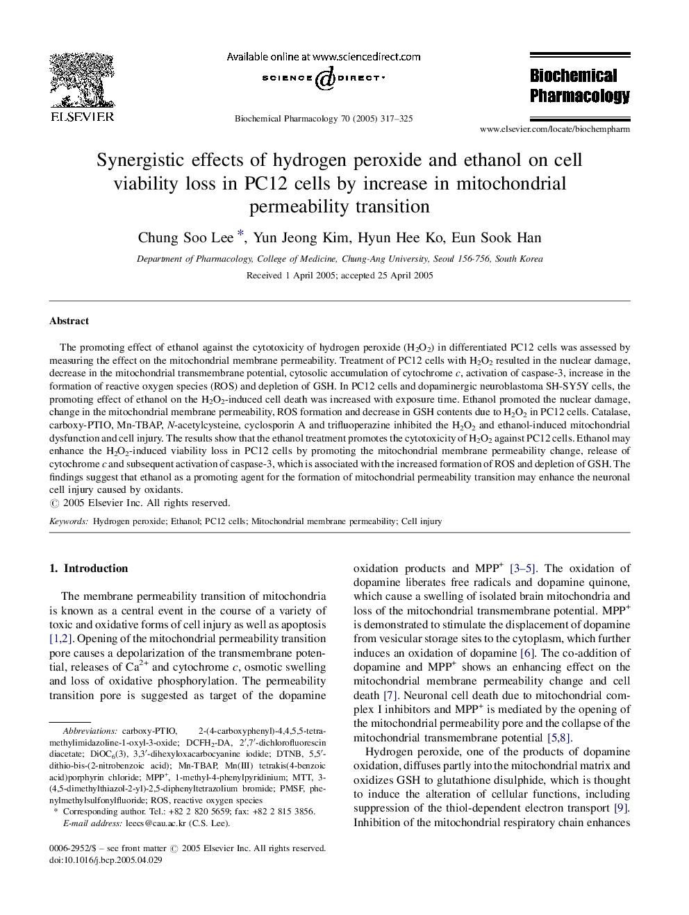 Synergistic effects of hydrogen peroxide and ethanol on cell viability loss in PC12 cells by increase in mitochondrial permeability transition