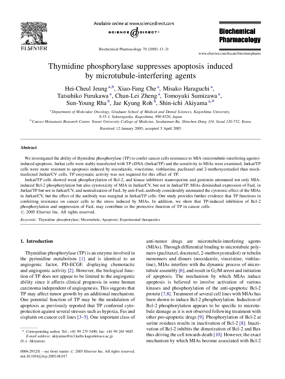 Thymidine phosphorylase suppresses apoptosis induced by microtubule-interfering agents