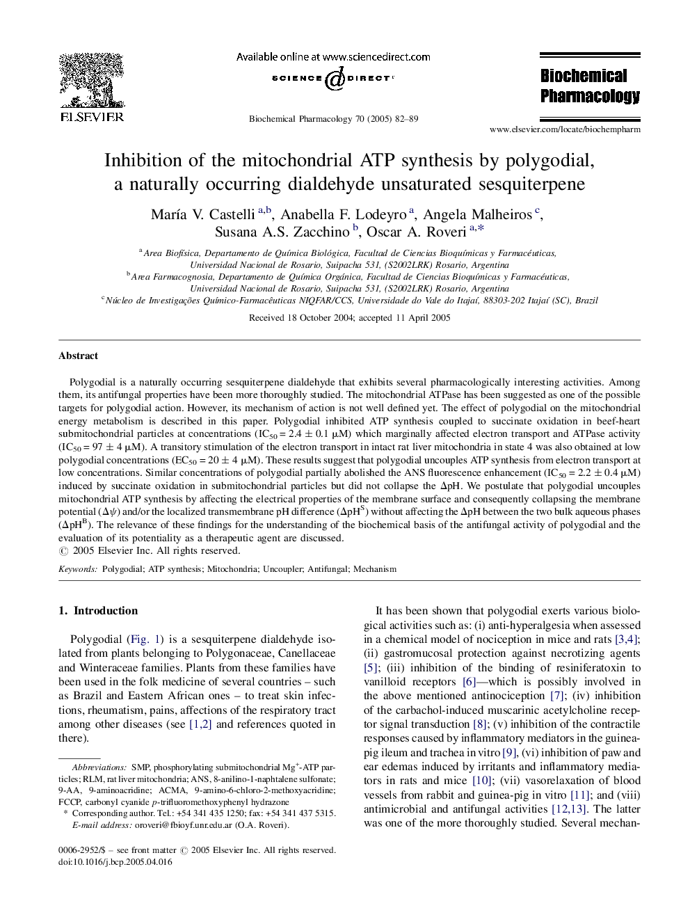 Inhibition of the mitochondrial ATP synthesis by polygodial, a naturally occurring dialdehyde unsaturated sesquiterpene