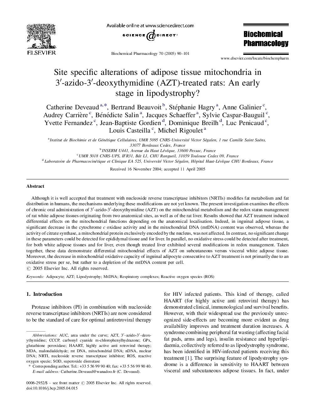 Site specific alterations of adipose tissue mitochondria in 3â²-azido-3â²-deoxythymidine (AZT)-treated rats: An early stage in lipodystrophy?