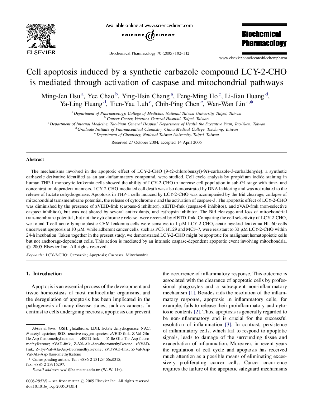 Cell apoptosis induced by a synthetic carbazole compound LCY-2-CHO is mediated through activation of caspase and mitochondrial pathways