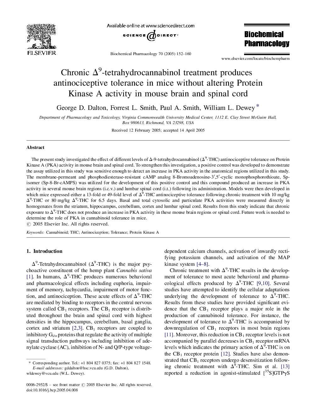 Chronic Î9-tetrahydrocannabinol treatment produces antinociceptive tolerance in mice without altering Protein Kinase A activity in mouse brain and spinal cord