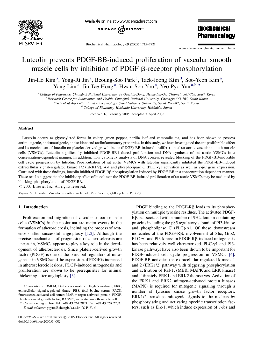 Luteolin prevents PDGF-BB-induced proliferation of vascular smooth muscle cells by inhibition of PDGF Î²-receptor phosphorylation