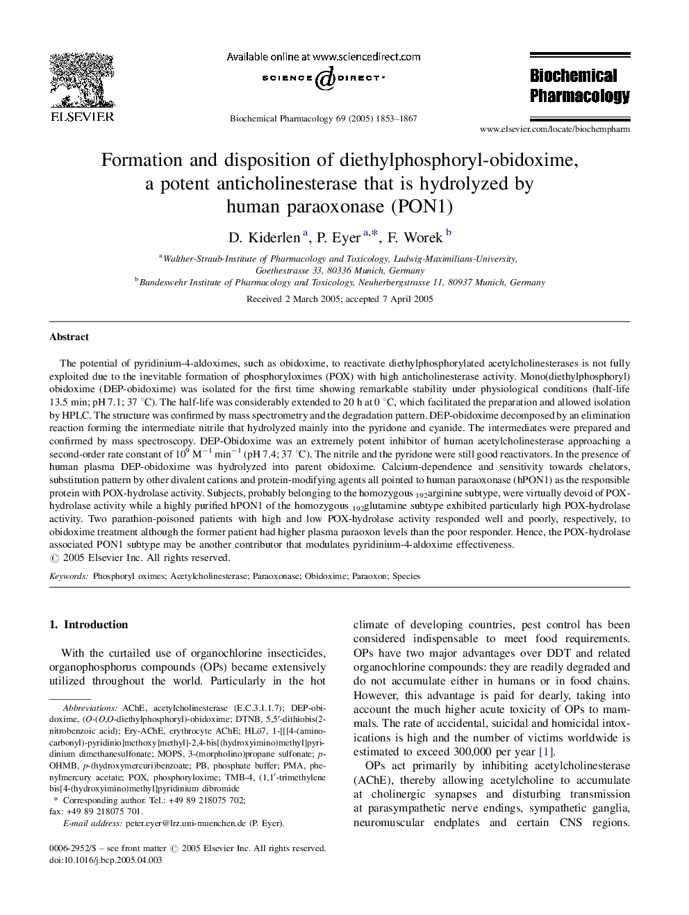 Formation and disposition of diethylphosphoryl-obidoxime, a potent anticholinesterase that is hydrolyzed by human paraoxonase (PON1)