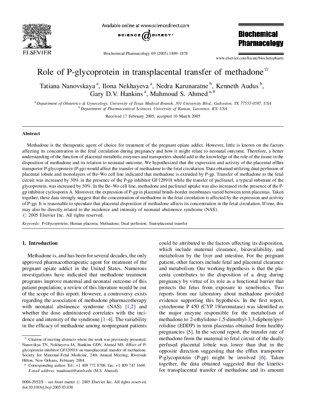 Role of P-glycoprotein in transplacental transfer of methadone