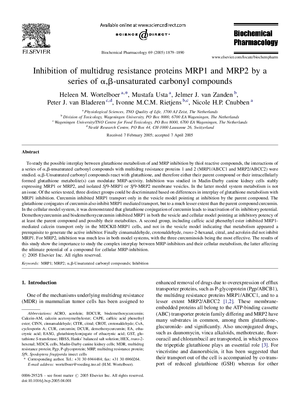 Inhibition of multidrug resistance proteins MRP1 and MRP2 by a series of Î±,Î²-unsaturated carbonyl compounds