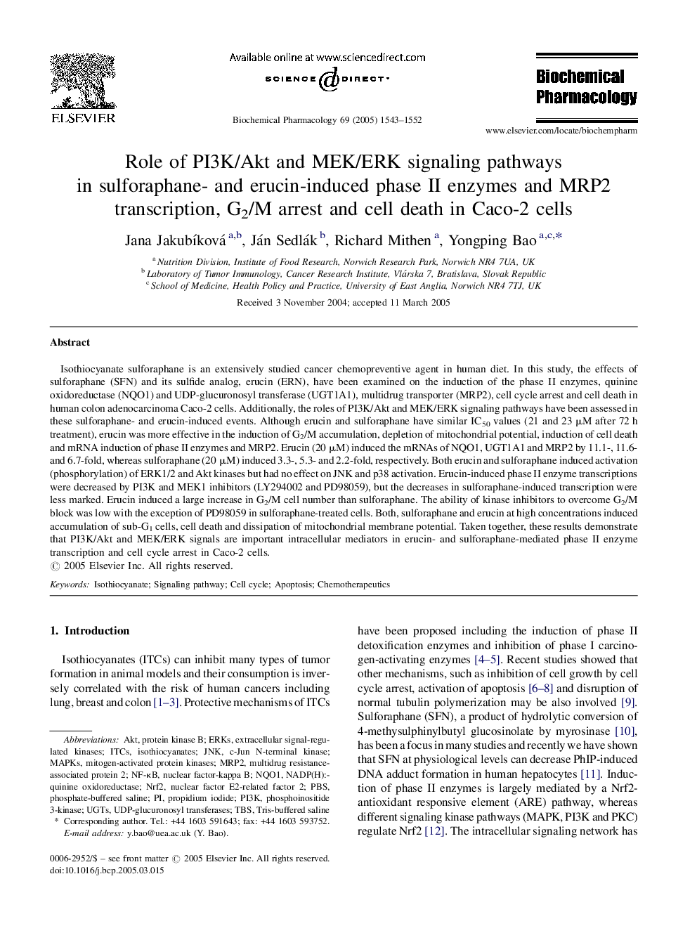 Role of PI3K/Akt and MEK/ERK signaling pathways in sulforaphane- and erucin-induced phase II enzymes and MRP2 transcription, G2/M arrest and cell death in Caco-2 cells