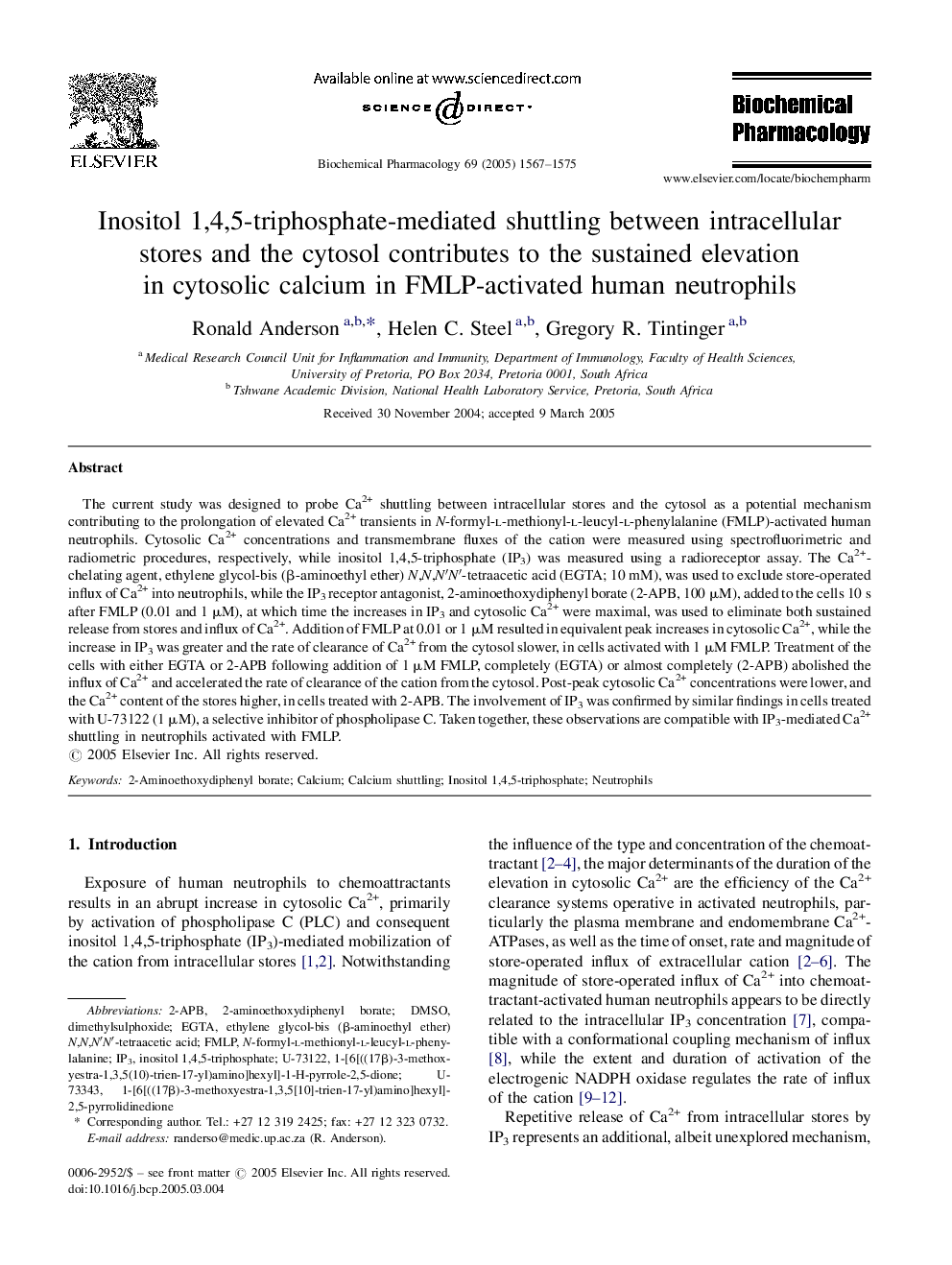 Inositol 1,4,5-triphosphate-mediated shuttling between intracellular stores and the cytosol contributes to the sustained elevation in cytosolic calcium in FMLP-activated human neutrophils