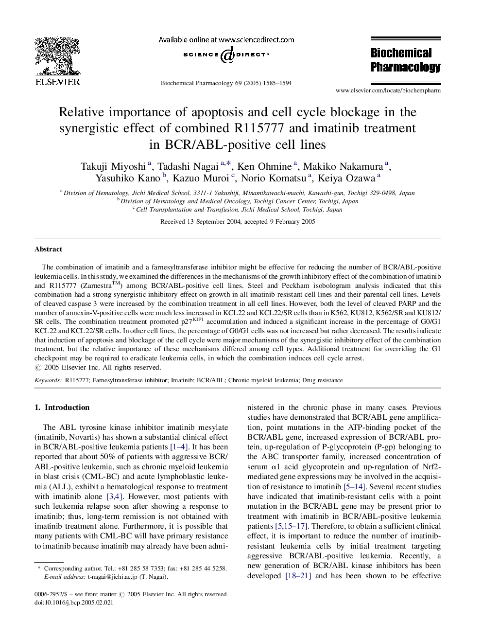 Relative importance of apoptosis and cell cycle blockage in the synergistic effect of combined R115777 and imatinib treatment in BCR/ABL-positive cell lines