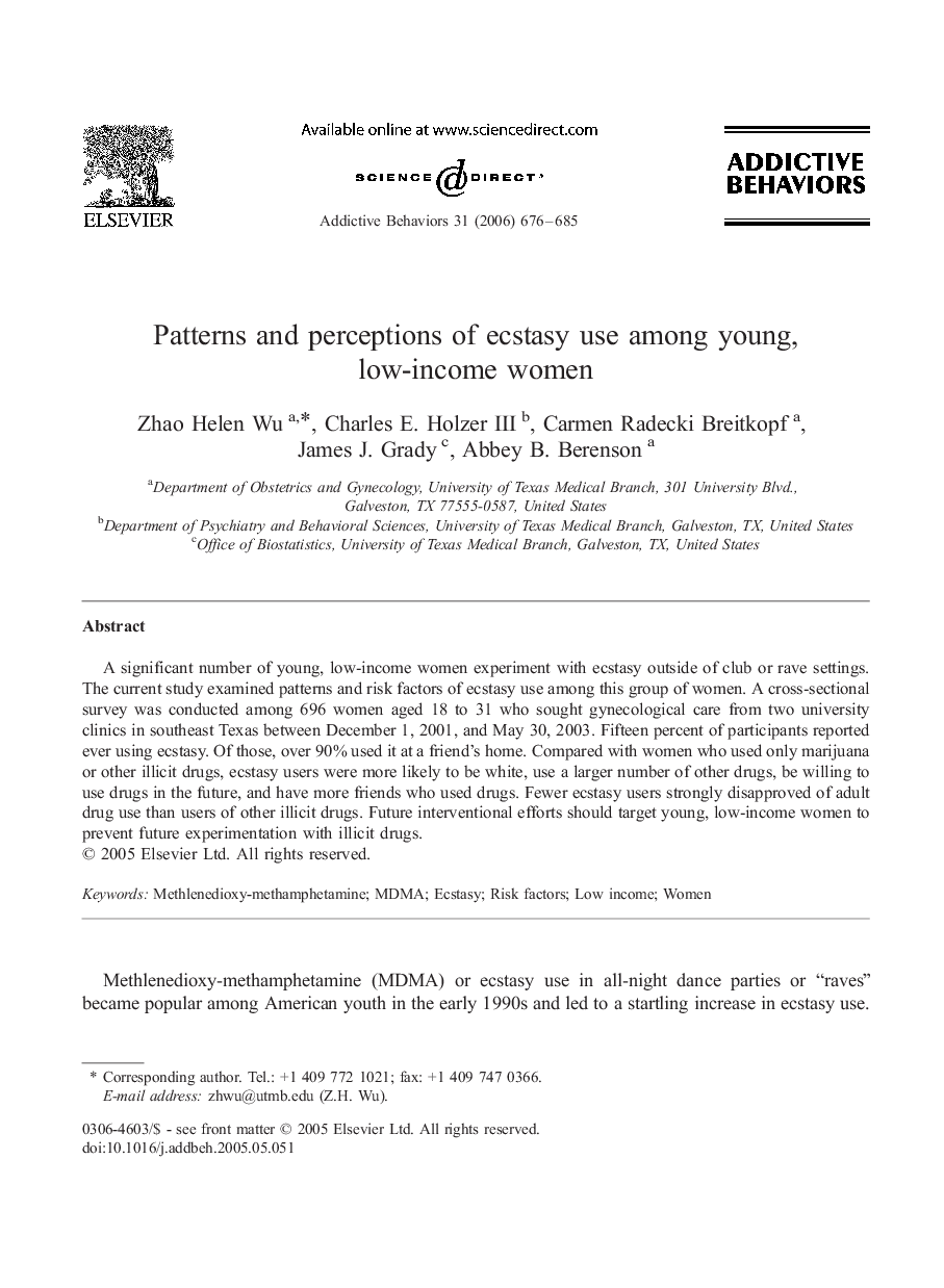 Patterns and perceptions of ecstasy use among young, low-income women