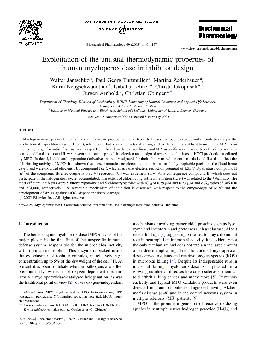 Exploitation of the unusual thermodynamic properties of human myeloperoxidase in inhibitor design