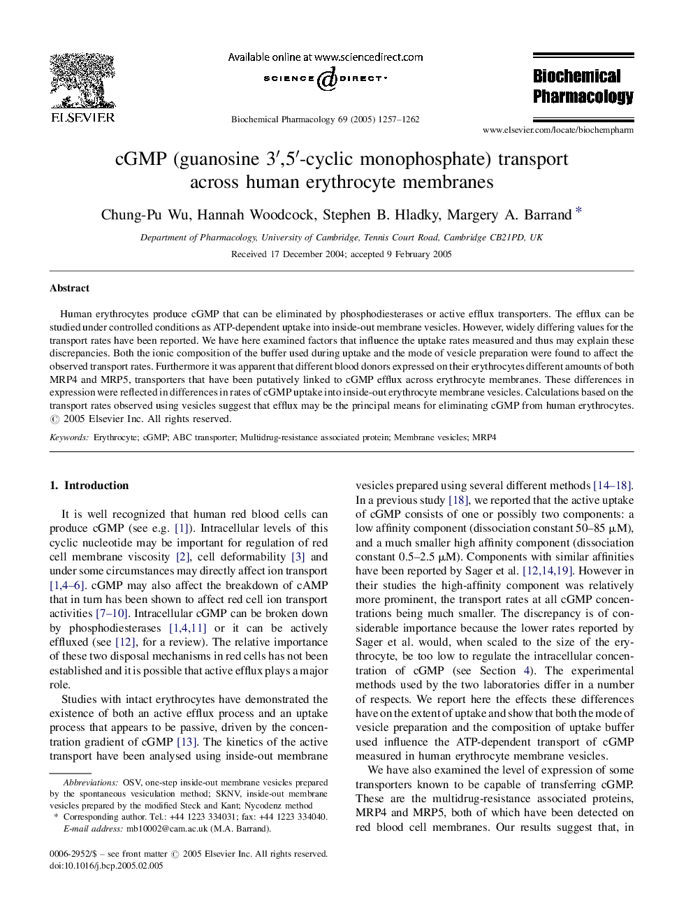 cGMP (guanosine 3â²,5â²-cyclic monophosphate) transport across human erythrocyte membranes