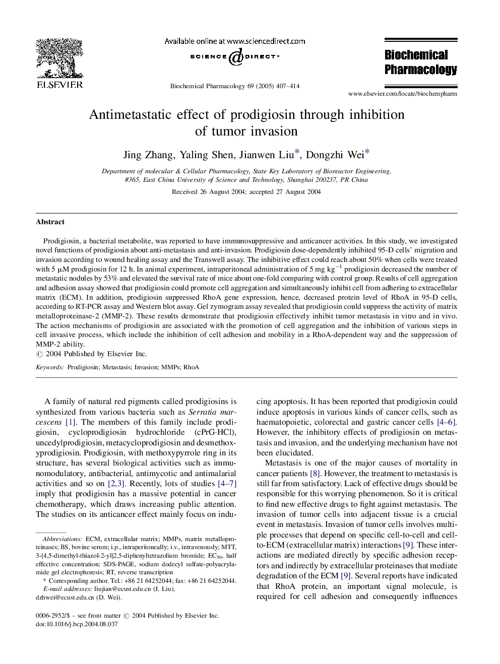 Antimetastatic effect of prodigiosin through inhibition of tumor invasion