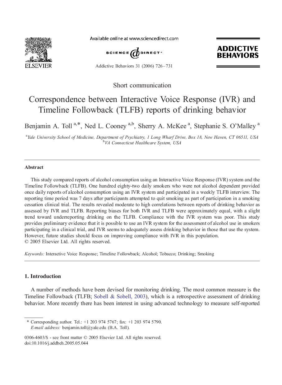 Correspondence between Interactive Voice Response (IVR) and Timeline Followback (TLFB) reports of drinking behavior