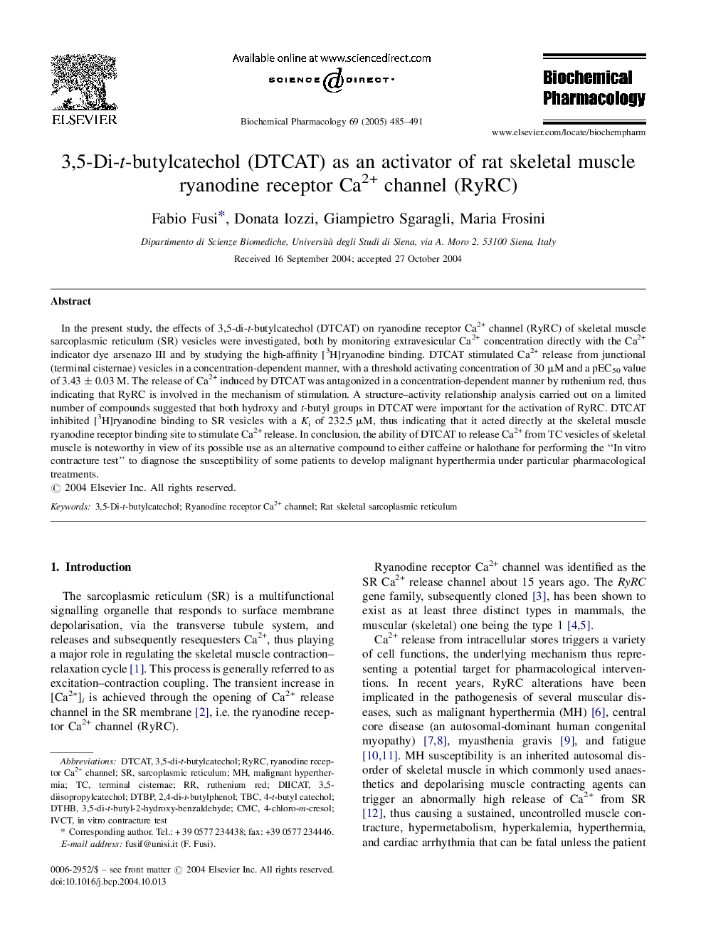 3,5-Di-t-butylcatechol (DTCAT) as an activator of rat skeletal muscle ryanodine receptor Ca2+ channel (RyRC)