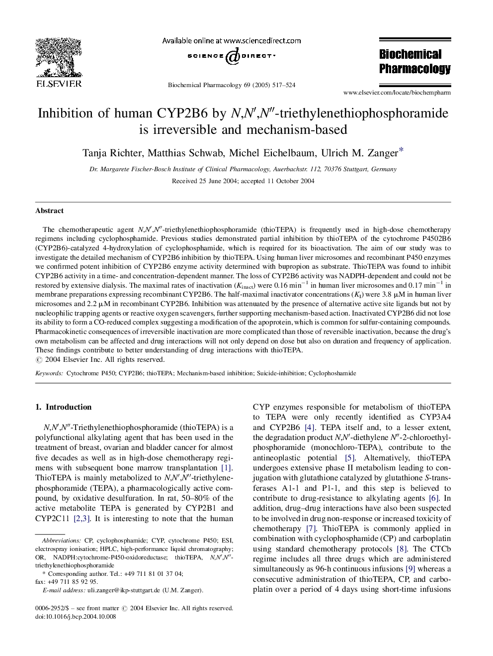 Inhibition of human CYP2B6 by N,Nâ²,Nâ³-triethylenethiophosphoramide is irreversible and mechanism-based