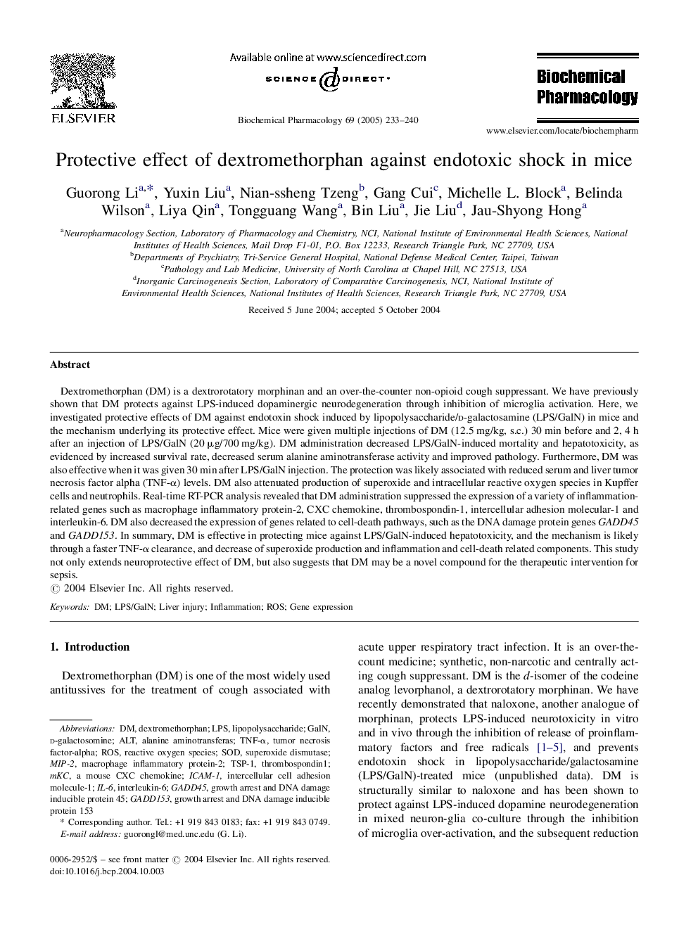 Protective effect of dextromethorphan against endotoxic shock in mice