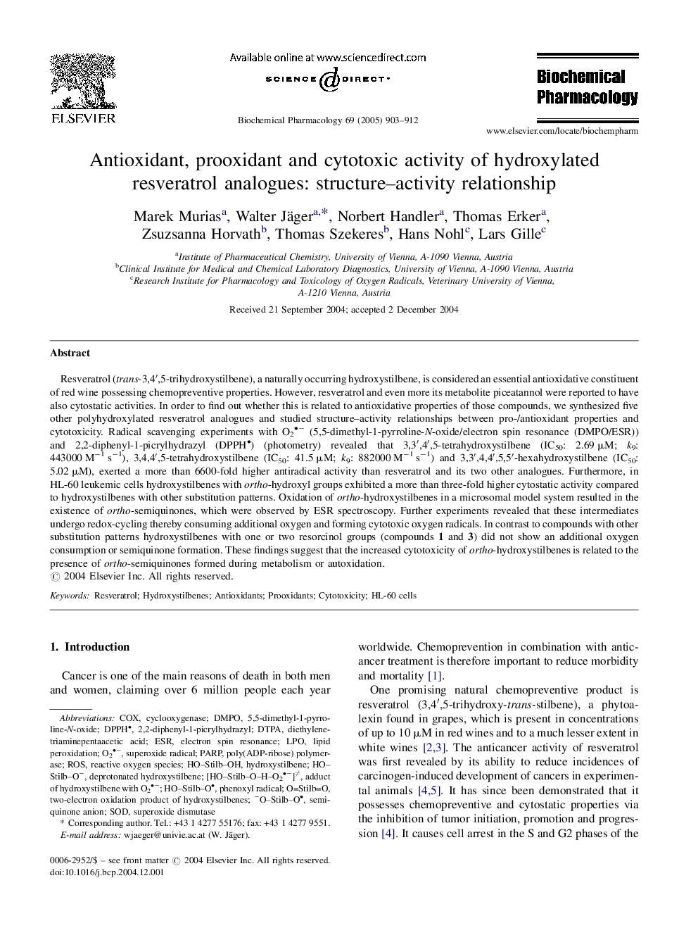 Antioxidant, prooxidant and cytotoxic activity of hydroxylated resveratrol analogues: structure-activity relationship