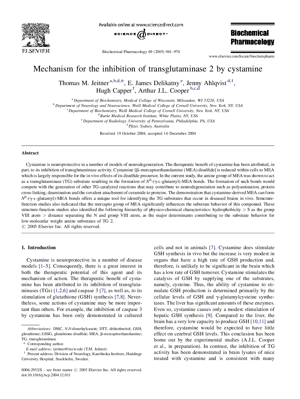 Mechanism for the inhibition of transglutaminase 2 by cystamine