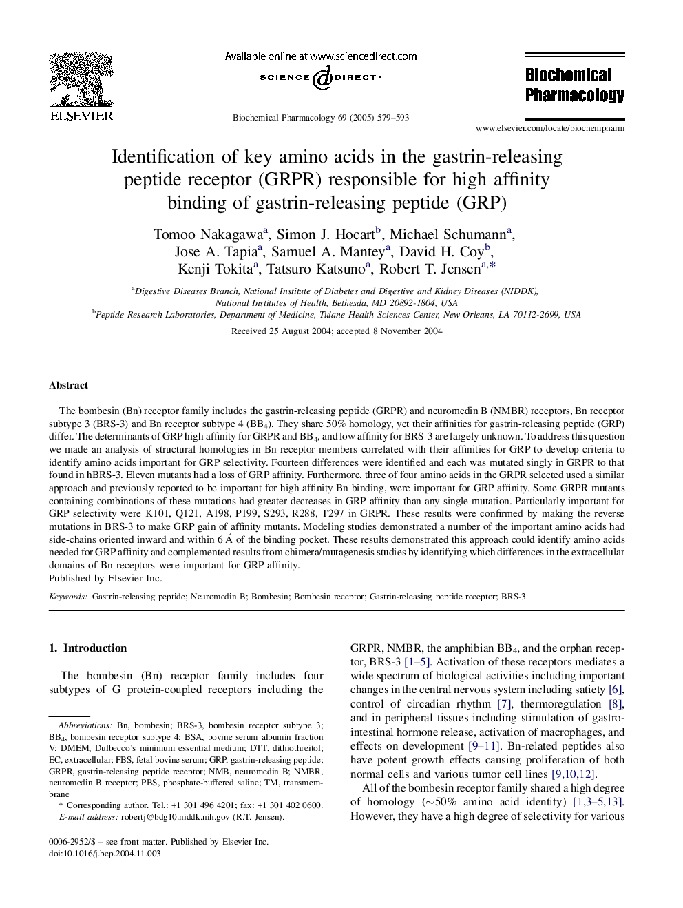 Identification of key amino acids in the gastrin-releasing peptide receptor (GRPR) responsible for high affinity binding of gastrin-releasing peptide (GRP)