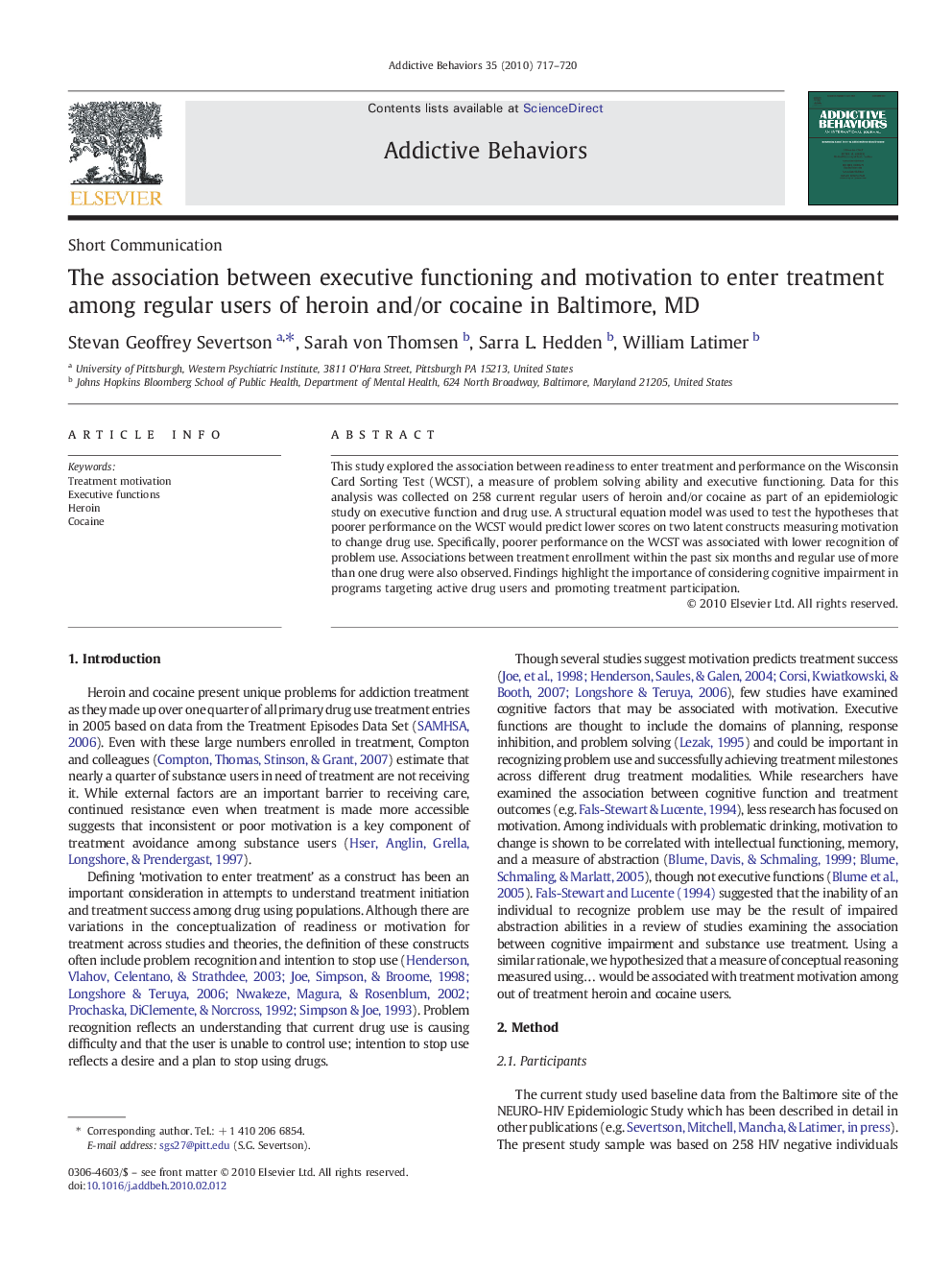 The association between executive functioning and motivation to enter treatment among regular users of heroin and/or cocaine in Baltimore, MD