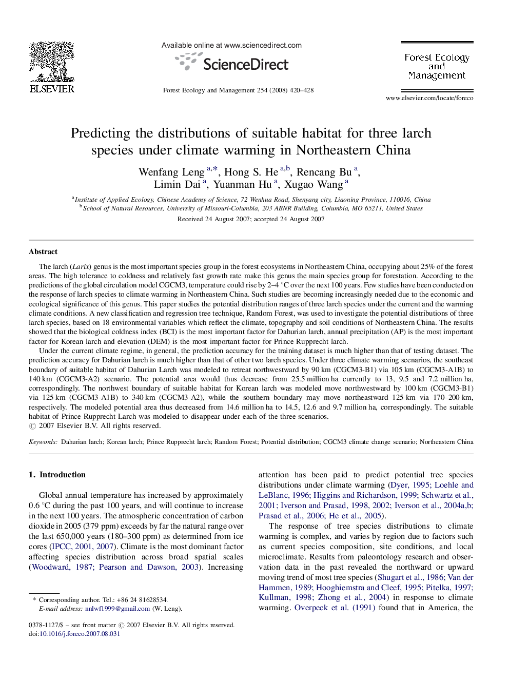 Predicting the distributions of suitable habitat for three larch species under climate warming in Northeastern China