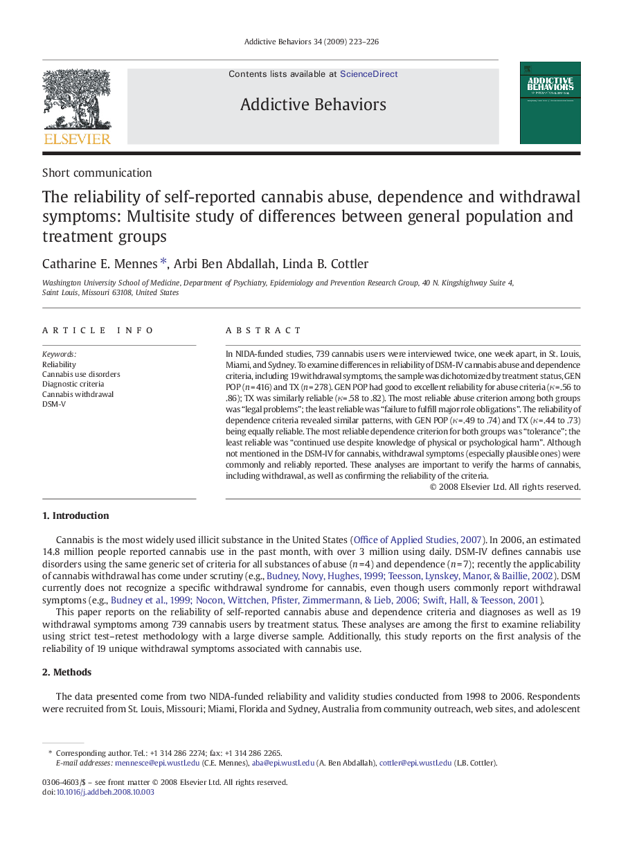 The reliability of self-reported cannabis abuse, dependence and withdrawal symptoms: Multisite study of differences between general population and treatment groups