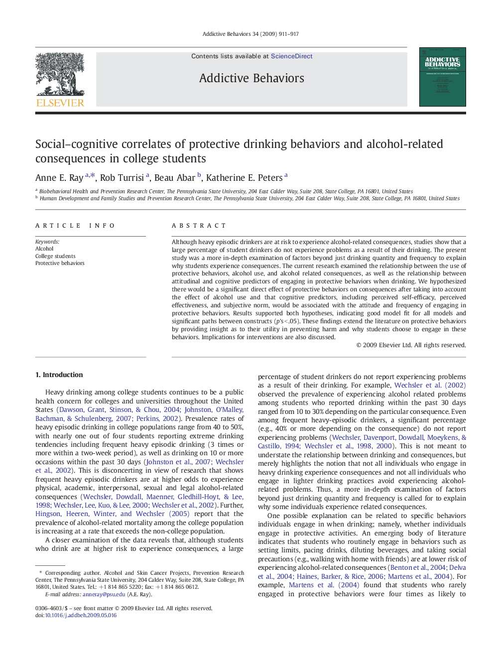 Social–cognitive correlates of protective drinking behaviors and alcohol-related consequences in college students