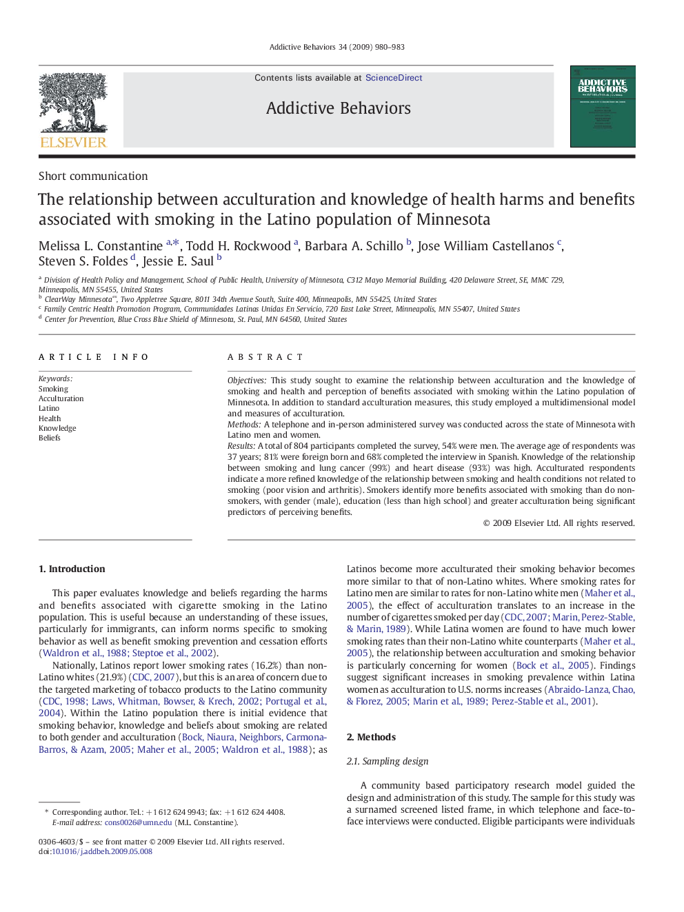 The relationship between acculturation and knowledge of health harms and benefits associated with smoking in the Latino population of Minnesota