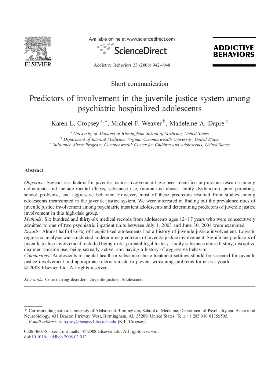 Predictors of involvement in the juvenile justice system among psychiatric hospitalized adolescents