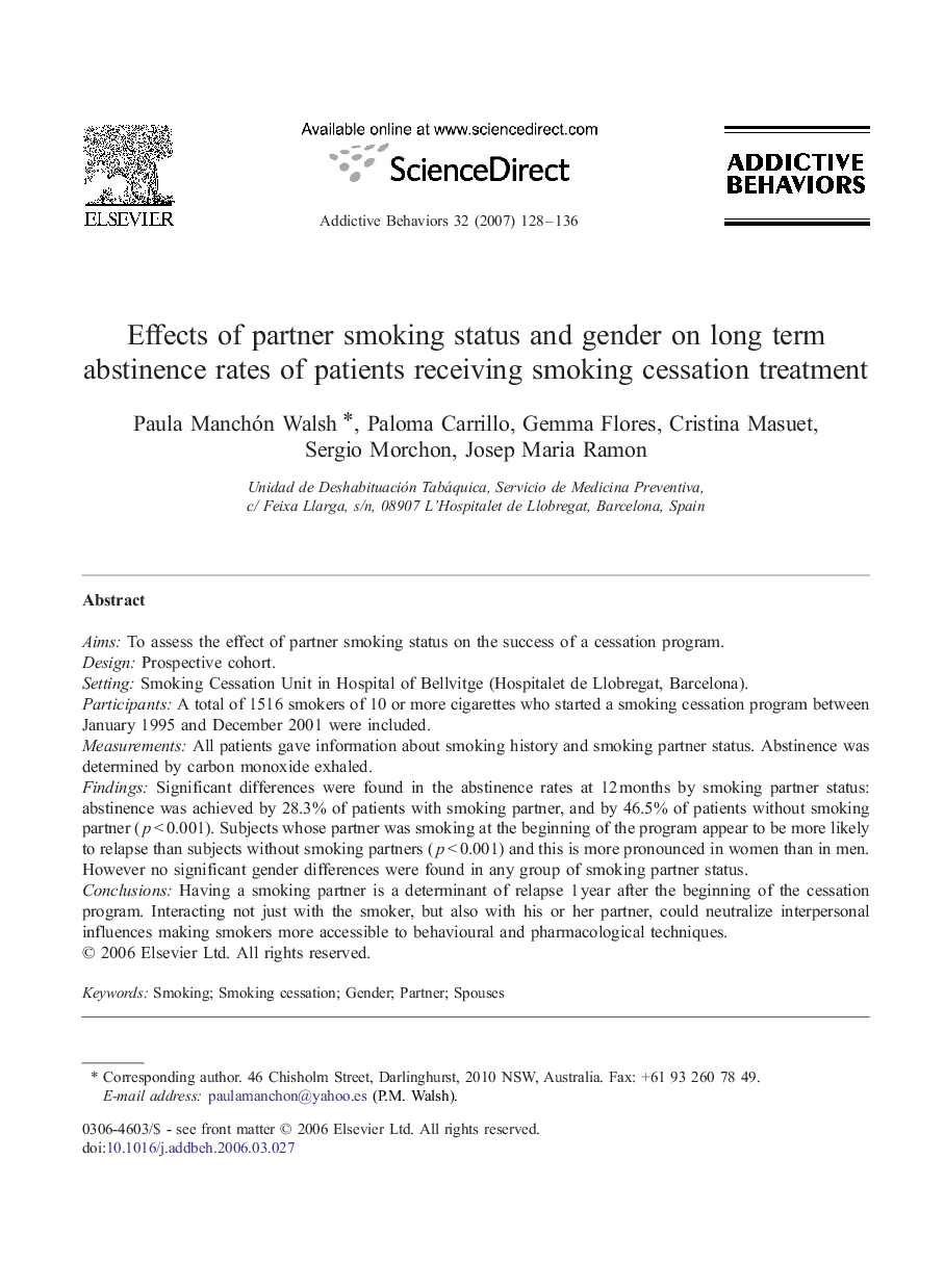 Effects of partner smoking status and gender on long term abstinence rates of patients receiving smoking cessation treatment