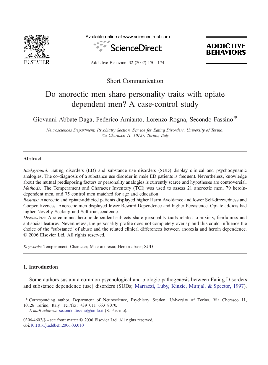 Do anorectic men share personality traits with opiate dependent men? A case-control study