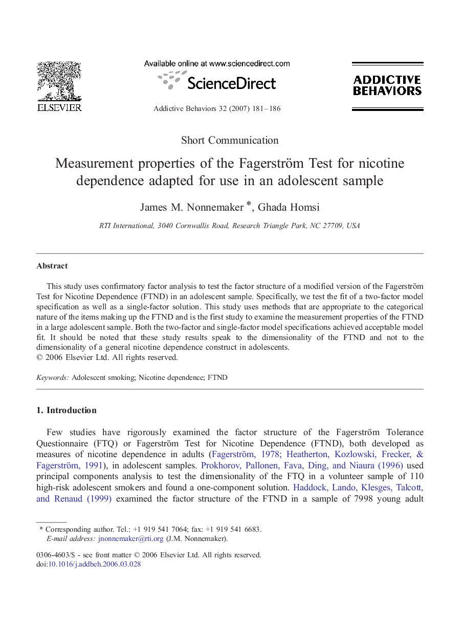 Measurement properties of the Fagerström Test for nicotine dependence adapted for use in an adolescent sample