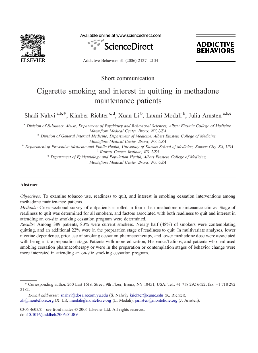 Cigarette smoking and interest in quitting in methadone maintenance patients