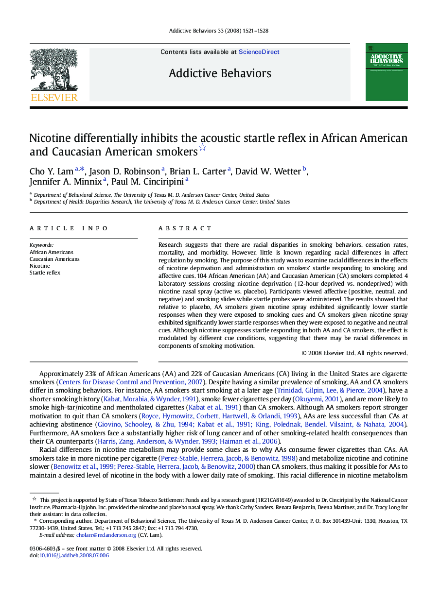 Nicotine differentially inhibits the acoustic startle reflex in African American and Caucasian American smokers 