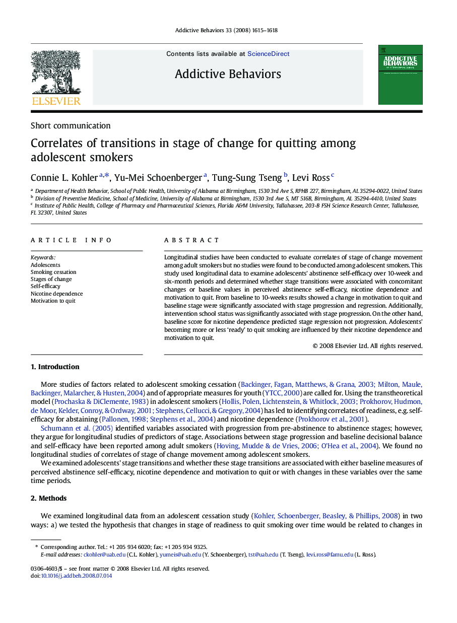 Correlates of transitions in stage of change for quitting among adolescent smokers