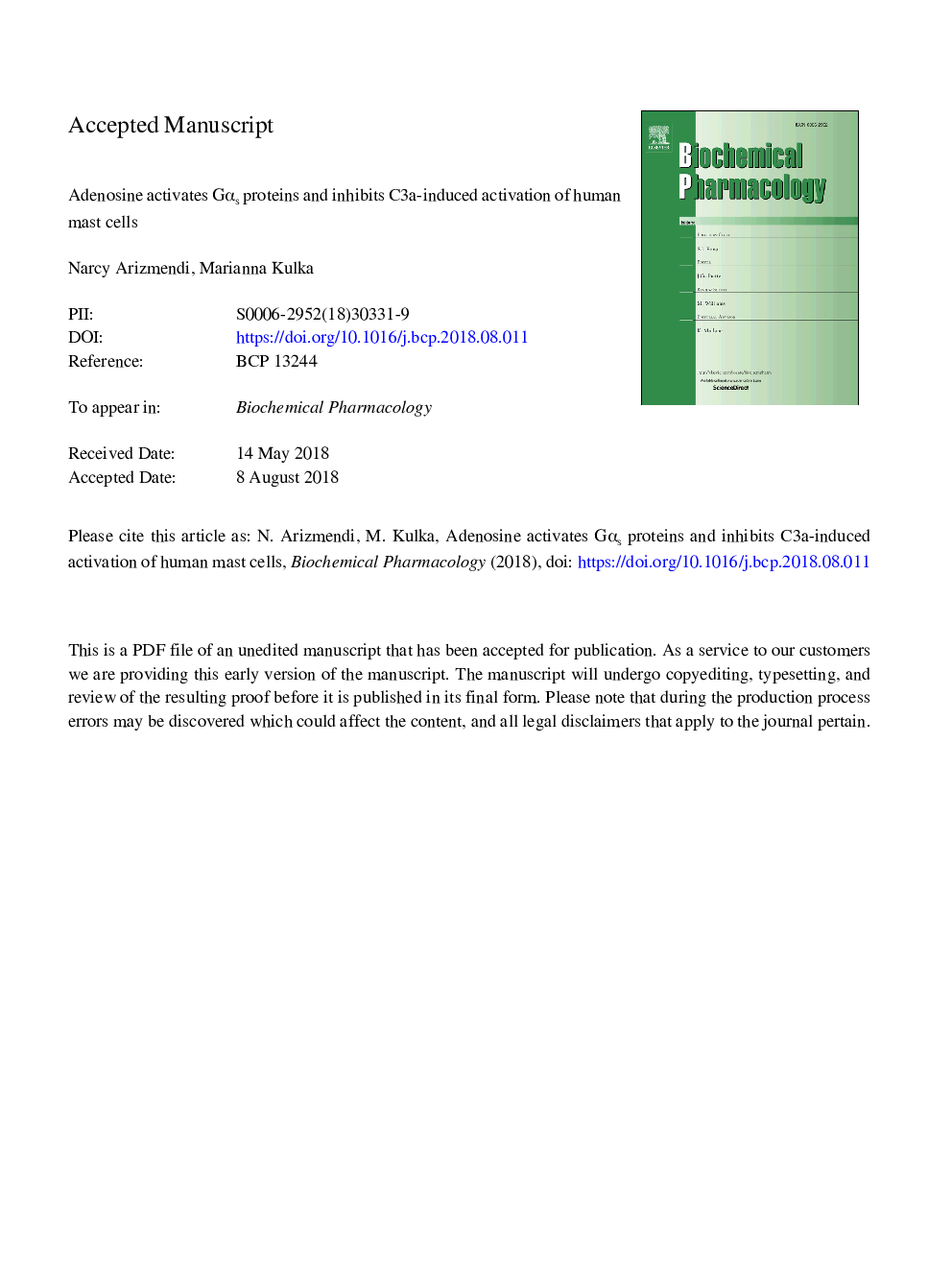 Adenosine activates GÎ±s proteins and inhibits C3a-induced activation of human mast cells