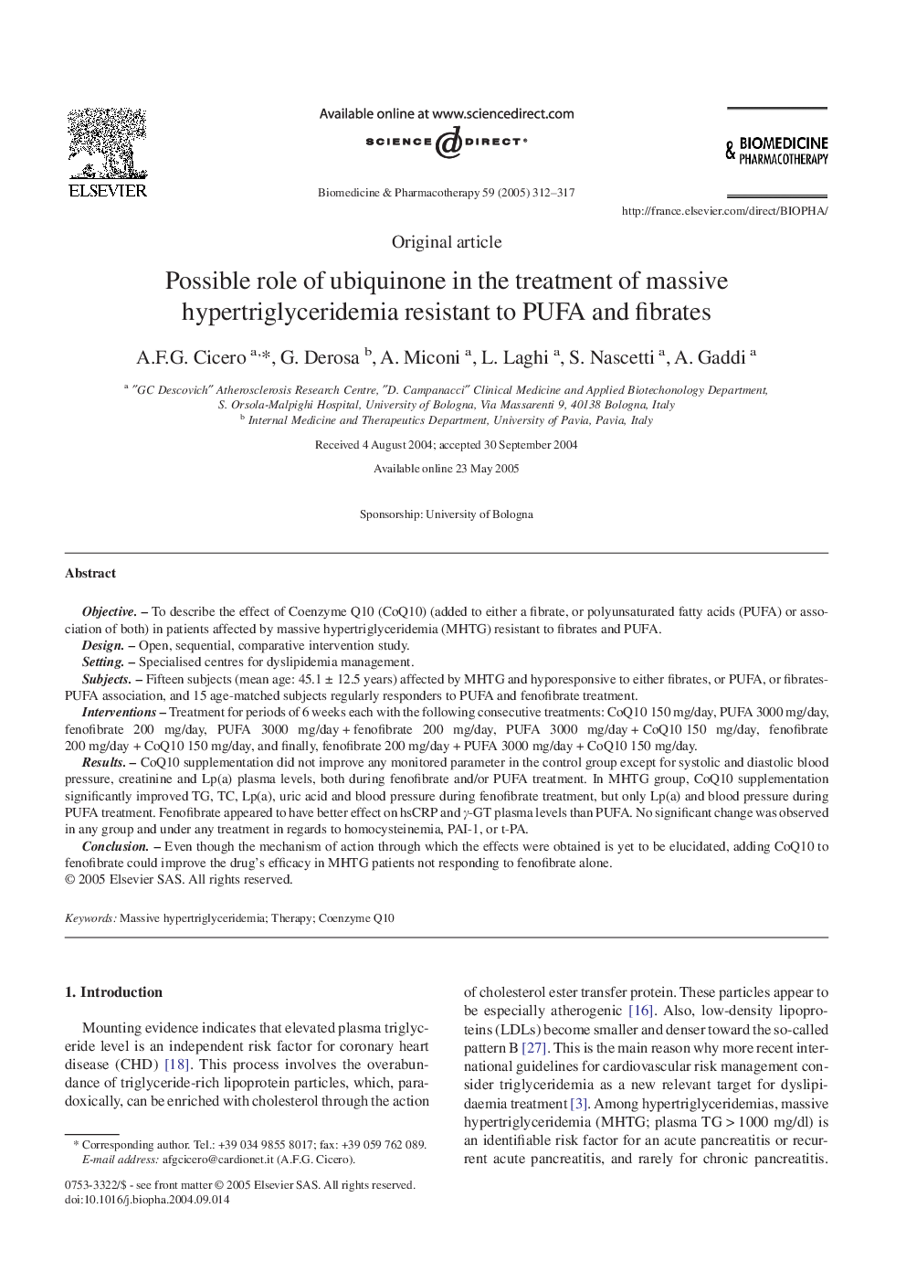 Possible role of ubiquinone in the treatment of massive hypertriglyceridemia resistant to PUFA and fibrates