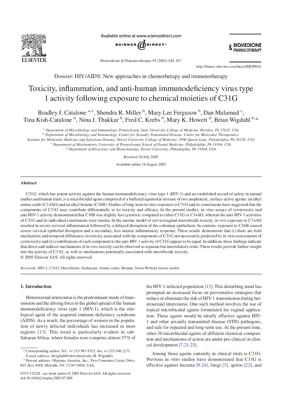 Toxicity, inflammation, and anti-human immunodeficiency virus type 1 activity following exposure to chemical moieties of C31G